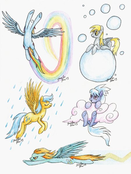 Size: 774x1032 | Tagged: artist:fallenzephyr, bubble, cloud, cloudchaser, derpibooru import, derpy hooves, lightning dust, rain, rainbow dash, safe, sunshower raindrops