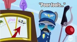 Size: 636x348 | Tagged: safe, derpibooru import, edit, edited screencap, screencap, whiplash, pony, wonderbolts academy, clothes, eyes closed, hat, image macro, male, solo, stallion, sunglasses, uniform