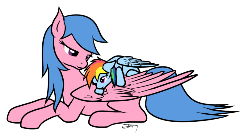 Size: 1600x900 | Tagged: safe, artist:jykinturah, deleted from derpibooru, derpibooru import, firefly, rainbow dash, pegasus, pony, duo, female, filly, firefly as rainbow dash's mom, foal, g1, g1 to g4, g4, generation leap, mare, mother and daughter