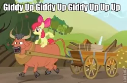 Size: 412x268 | Tagged: safe, derpibooru import, apple bloom, bull, earth pony, pony, cart, cloven hooves, duo, female, filly, giddy up, image macro, ponies riding bulls, riding