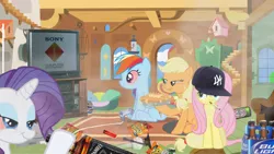 Size: 900x507 | Tagged: 420, alcohol, applecrack, applejack, bong, cheetos, crackity, derpibooru import, drugs, drunk, drunk rarity, edit, fluttershy, hanging out, party, playstation, rainbow dash, rainbow drugged, rarity, safe, smoking, stoned, television, video game