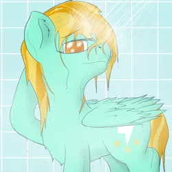 Size: 800x800 | Tagged: suggestive, artist:horseofpretense, derpibooru import, lightning dust, pegasus, pony, bedroom eyes, chest fluff, female, looking at you, shower, solo, solo female, wet mane