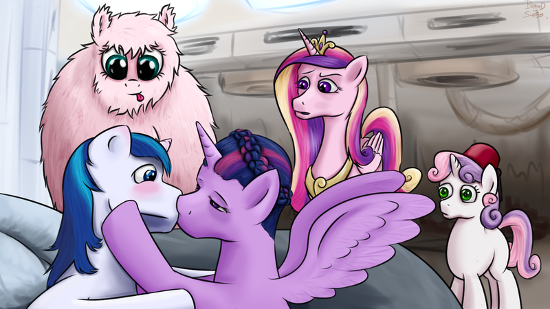 Size: 1280x720 | Tagged: safe, artist:brainedbysaucepans, derpibooru import, princess cadance, shining armor, sweetie belle, twilight sparkle, twilight sparkle (alicorn), oc, oc:fluffle puff, alicorn, pony, female, fez, hat, incest, kissing, male, mare, shiningsparkle, shipping, star wars, straight, sweetie bot