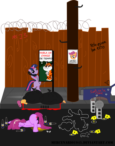 Size: 1833x2316 | Tagged: berry punch, berryshine, blood, derpibooru import, grimdark, phone, puto, scootaloo, spanish, twiface, twilight sparkle, wrong neighborhood