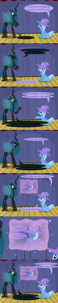 Size: 1280x6699 | Tagged: safe, artist:evil-dec0y, derpibooru import, queen chrysalis, changeling, changeling queen, pony, unicorn, comic:trixie vs., ask, cape, clothes, comic, duo, duo female, female, hat, mare, stage, trixie's cape, trixie's hat, tumblr