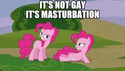 Size: 1280x720 | Tagged: suggestive, derpibooru import, edit, edited screencap, screencap, pinkie pie, earth pony, pony, too many pinkie pies, caption, clone, duality, female, funcest, image macro, implied selfcest, mare, no homo, on back, out of context, pinkie clone, robot chicken