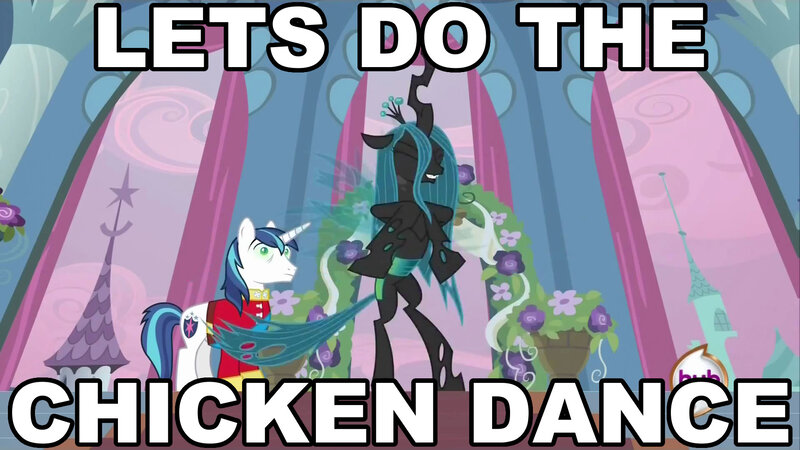 Size: 1920x1080 | Tagged: safe, derpibooru import, edit, edited screencap, screencap, queen chrysalis, shining armor, changeling, changeling queen, a canterlot wedding, chicken dance, cute, cutealis, female, image macro