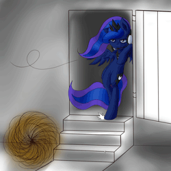 Size: 1000x1000 | Tagged: safe, artist:nac0n, derpibooru import, princess luna, pony, gamer luna, animated, annoyed, bipedal, bipedal leaning, door, frown, headset, hoof tapping, impatient, solo, tumbleweed, waiting