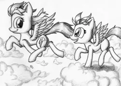 Size: 2271x1612 | Tagged: artist:punk-pegasus, cloud, cloudy, derpibooru import, monochrome, rainbow dash, safe, scootaloo, scootalove, traditional art