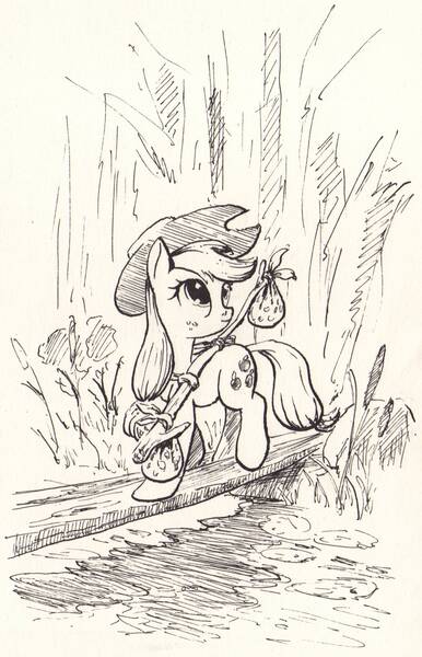 Size: 1490x2317 | Tagged: applejack, artist:mcstalins, bridge, monochrome, plank, safe, solo, traditional art