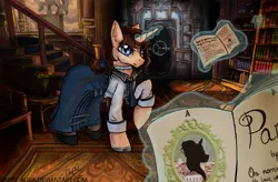 Size: 2480x1628 | Tagged: safe, artist:cappy-aura, derpibooru import, ponified, bioshock infinite, book, clothes, crossover, elizabeth, game, interior, library, magic, solo, stairs