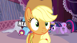 Size: 512x288 | Tagged: animated, applejack, big crown thingy, derpibooru import, edit, edited screencap, frown, headcannon, headcanon, looking back, magical mystery cure, partillery, party cannon, pushing, reaction image, safe, screencap, smiling, text, twilight sparkle, wide eyes