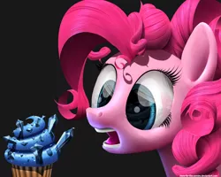 Size: 6000x4800 | Tagged: absurd resolution, artist:here-for-the-ponies, black background, cupcake, derpibooru import, food, open mouth, pinkie pie, safe, sapphire, sapphire cupcake, simple background, solo