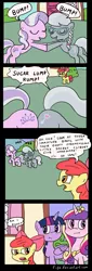 Size: 571x1687 | Tagged: safe, artist:tifu, derpibooru import, apple bloom, diamond tiara, princess cadance, silver spoon, twilight sparkle, twilight sparkle (alicorn), alicorn, pony, :t, blushing, bump bump sugar lump rump, butt to butt, butt touch, comic, female, glasses, mare, missing accessory, scrunchy face