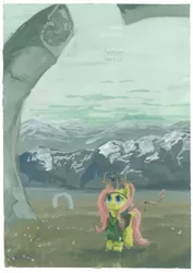 Size: 2340x3310 | Tagged: artist:quiet-victories, clothes, derpibooru import, fluttershy, gouache, painting, rabbit, safe, scenery, solo, traditional art