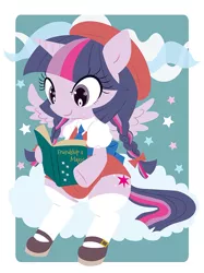 Size: 800x1067 | Tagged: safe, artist:nonananana, derpibooru import, twilight sparkle, twilight sparkle (alicorn), alicorn, pony, alternate hairstyle, book, braid, braided pigtails, clothes, cute, female, hat, mare, mary janes, panties, pixiv, reading, schoolgirl, solo, stockings, twiabetes, underwear