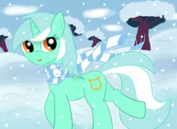 Size: 5500x4000 | Tagged: dead source, safe, artist:breezethepony, derpibooru import, lyra heartstrings, pony, unicorn, absurd resolution, clothes, scarf, smiling, snow, snowfall, solo, tongue out, winter