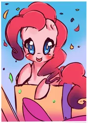 Size: 1500x2100 | Tagged: safe, artist:netamenta, derpibooru import, pinkie pie, :p, blushing, confetti, cute, diapinkes, looking at you, present, solo, tongue out