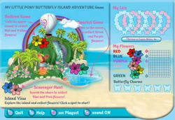 Size: 695x478 | Tagged: balloon, blue flowers, butterfly charm, butterfly island, butterfly island adventure game, derpibooru import, flash game, g3, game, green flowers, pink flowers, purple flowers, red flowers, safe, scavenger hunt, snorkel, video game, yellow flowers