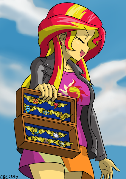 Size: 1000x1417 | Tagged: safe, artist:crimsonbugeye, derpibooru import, sunset shimmer, equestria girls, badge, clothes, cloud, elements of harmony, eyes closed, female, gary motherfucking oak, gary oak, jacket, open mouth, parody, pokémon, shirt, skirt, sky, solo, sunset motherfucking shimmer