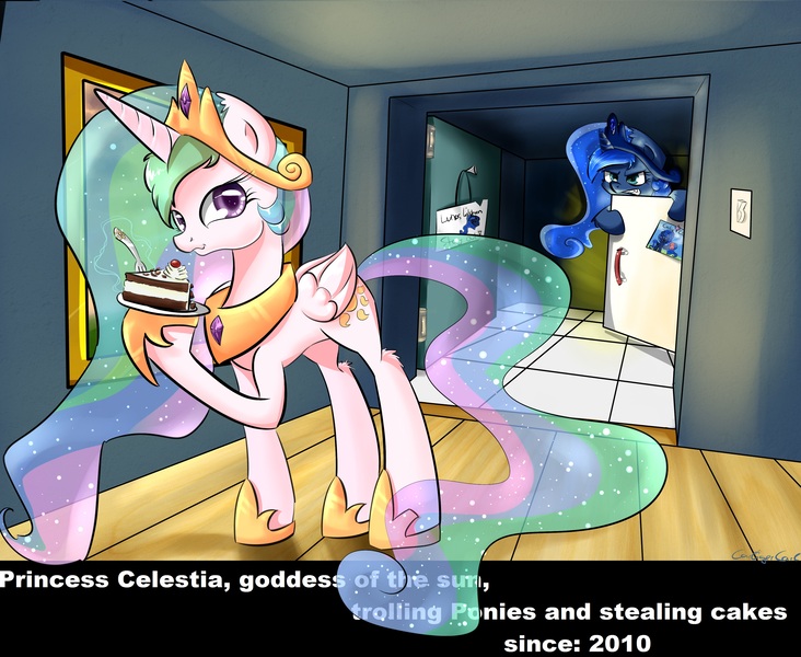 Size: 3648x2992 | Tagged: safe, artist:carligercarl, derpibooru import, princess celestia, princess luna, cake, cakelestia, duo