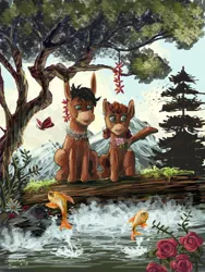 Size: 3000x4000 | Tagged: safe, artist:chocolatesun, derpibooru import, cranky doodle donkey, matilda, butterfly, donkey, fish, absurd resolution, crankilda, detailed, flower, gimp, tree, water