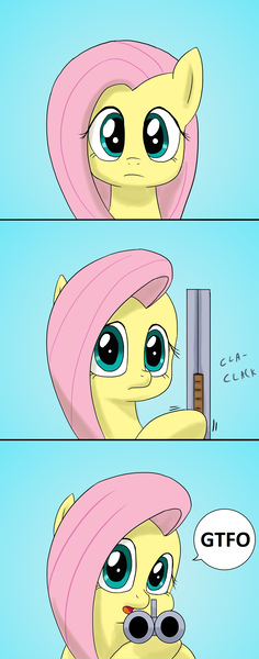 Size: 1396x3555 | Tagged: artist:doublewbrothers, coach gun, derpibooru import, edit, fluttershy, gtfo, gun, reaction image, safe, shotgun, weapon