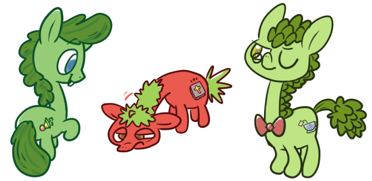 Size: 727x354 | Tagged: archibald, artist:hamigaki-momo, bob the tomato, derpibooru import, larry the cucumber, ponified, safe, veggietales