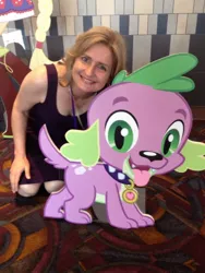 Size: 768x1024 | Tagged: safe, derpibooru import, spike, dog, human, equestria girls, cathy weseluck, cathy weseluck with cardboard, equestria girls premiere, irl, irl human, photo, spike the dog, voice actor