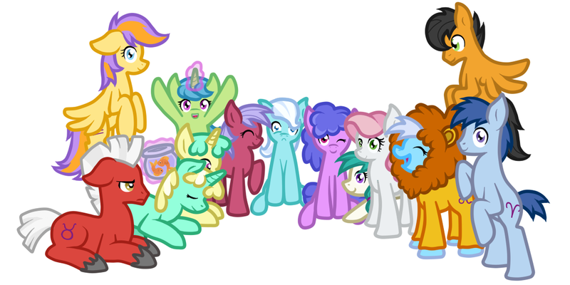 Size: 1152x576 | Tagged: safe, artist:furrgroup, derpibooru import, oc, oc:aquarius, oc:aries, oc:cancer, oc:gemini, oc:leo, oc:libra, oc:pisces, oc:sagittarius, oc:scorpio, oc:taurus, oc:virgo, unofficial characters only, earth pony, fish, pegasus, pony, unicorn, aquarius, aries, bowl, cancer (horoscope), capricorn, eyes closed, female, frown, gemini, group shot, leo, libra, looking at you, magic, male, mare, pisces, ponyscopes, sagittarius, scorpio, simple background, smiling, stallion, taurus, telekinesis, tumblr, virgo, white background, zodiac