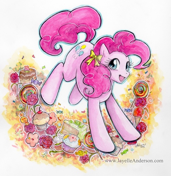 Size: 801x823 | Tagged: safe, artist:jayelle-anderson, derpibooru import, pinkie pie, bow, candy, cupcake, solo, traditional art