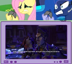 Size: 1126x1000 | Tagged: borderlands, derpibooru import, exploitable meme, fluttercry, fluttershy, gamer luna, gamer meme, gamershy, handsome jack, lilith, princess luna, safe, spoilers for another series, tv meme