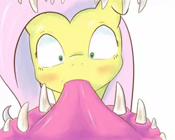 Size: 1280x1024 | Tagged: suggestive, artist:kiuxi, derpibooru import, fluttershy, bestiality, blushing, deepthroat, flutterzoo, french kiss, interspecies, kissing, monster, mouth, perspective, pov, teeth, tongue out