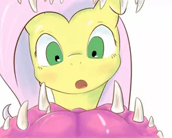 Size: 1280x1024 | Tagged: safe, artist:kiuxi, derpibooru import, fluttershy, monster, mouth, perspective, pov, teeth, tongue out