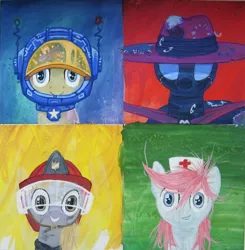 Size: 1070x1092 | Tagged: alula, artist:quiet-victories, astronaut, clothes, costume, derpibooru import, dinky hooves, firefighter, hat, helmet, mare do well, nurse redheart, safe