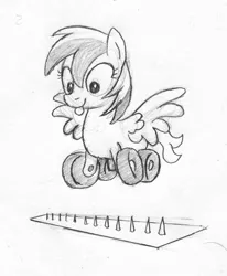 Size: 823x1000 | Tagged: safe, artist:asai-gomen, derpibooru import, oc, oc:wheely bopper, unofficial characters only, original species, pegasus, wheelpone, :p, flying, fuck the police, grayscale, hop, image, jpeg, monochrome, sketch, smiling, solo, spike strip, spikes, spread wings, tongue out, traditional art, wings