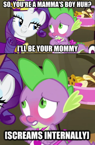 Size: 501x764 | Tagged: safe, derpibooru import, edit, edited screencap, screencap, rarity, spike, dragon, pony, unicorn, dragon quest, apron, bedroom eyes, blushing, caption, clothes, dragonball z abridged, dress, female, food, image macro, implied incest, male, mare, naked apron, rarity's bad pickup lines, shipping, sparity, straight, text