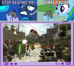 Size: 782x698 | Tagged: safe, derpibooru import, princess luna, rainbow dash, alicorn, pegasus, pony, gamer luna, call of duty, controller, dialogue, exploitable meme, gamer meme, gamerdash, gritted teeth, open mouth, sad, smiling, teary eyes, tv meme, video game