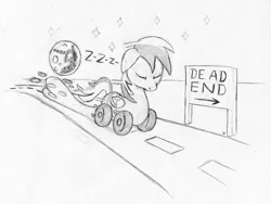 Size: 1611x1209 | Tagged: safe, artist:asai-gomen, derpibooru import, oc, oc:wheely bopper, unofficial characters only, original species, pegasus, wheelpone, dead end, grayscale, highway, image, jpeg, mare in the moon, monochrome, moon, road, sign, sketch, sleeping, sleepwalking, solo, sound effects, stars, this will end in tears, traditional art, zzz