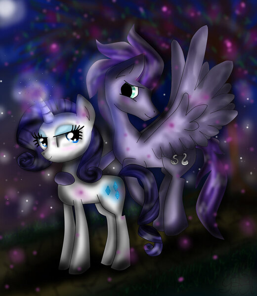 Size: 832x960 | Tagged: safe, artist:ghostfacenikol, derpibooru import, rarity, oc, oc:kydose, pegasus, pony, unicorn, canon x oc, female, love, magic, male, night, raridose, shipping, stars, straight, winghug