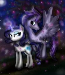 Size: 832x960 | Tagged: safe, artist:ghostfacenikol, derpibooru import, rarity, oc, oc:kydose, pegasus, pony, unicorn, canon x oc, female, love, magic, male, night, raridose, shipping, stars, straight, winghug