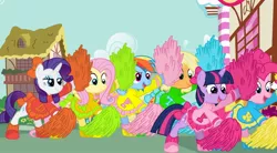 Size: 950x526 | Tagged: applejack, artist:holsternicholson, cheerleader, derpibooru import, fluttershy, pinkie pie, pom pom, rainbow dash, rarity, safe, twilight sparkle