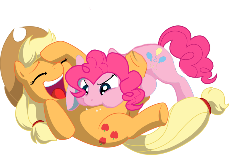 Size: 900x611 | Tagged: applejack, applepie, artist:holsternicholson, belly buzz, derpibooru import, edit, female, lesbian, pinkie pie, raspberry, safe, shipping, tickling, tummy buzz