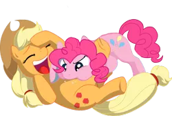 Size: 900x611 | Tagged: applejack, applepie, artist:holsternicholson, belly buzz, derpibooru import, edit, female, lesbian, pinkie pie, raspberry, safe, shipping, tickling, tummy buzz