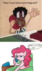 Size: 386x653 | Tagged: derpibooru import, ella fitzgerald, forced meme, kenny and the chimp, meme, pinkie pie, safe, salmonellafitzgerald, stop calling me