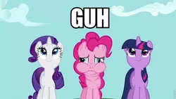 Size: 960x540 | Tagged: safe, derpibooru import, edit, edited screencap, screencap, pinkie pie, rarity, twilight sparkle, read it and weep, derp, image macro, puffy cheeks