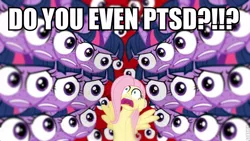 Size: 800x450 | Tagged: derpibooru import, do you even lift, edit, edited screencap, fluttershy, hurricane fluttershy, image macro, post traumatic stress disorder, ptsd, safe, screencap, special eyes, twilight sparkle