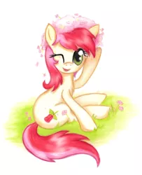 Size: 3104x3824 | Tagged: safe, artist:malwinahalfmoon, derpibooru import, roseluck, earth pony, pony, crown, cute, flower, flower in hair, fluffy, looking at you, open mouth, sitting, smiling, solo, traditional art, wink