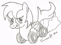 Size: 807x605 | Tagged: safe, artist:twinhead-b, derpibooru import, oc, oc:wheely bopper, unofficial characters only, original species, pegasus, wheelpone, :p, burnout, grayscale, monochrome, sketch, solo, tongue out, wheel