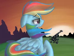 Size: 800x600 | Tagged: safe, artist:pvt-llama, derpibooru import, rainbow dash, sad, solo, sunset